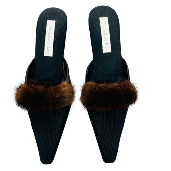 Olivia Rose Tal Black Wedge Mules with Brown Fur sz 9 Vintage - Picture 2 of 11